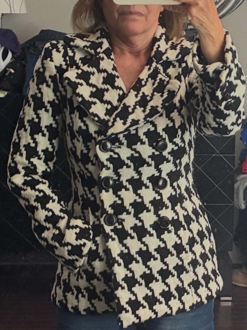 WHBM Womens Black and White Houndstooth Double-Breasted Jacket